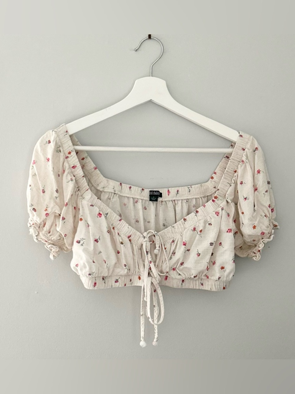 White Floral Cottagecore Crop Top Double Tie Front Milkmaid Style Festival